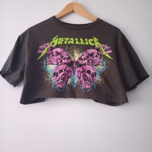 Bershka Metallica Skull Graphic Crop Tee Dark Gray XS